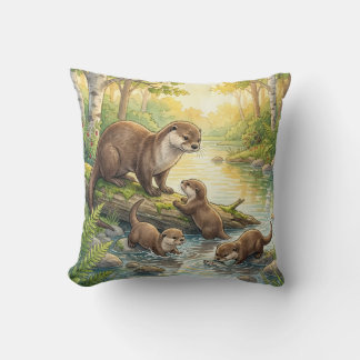 Cojín Decorativo Linda Nutria Y Bebés Animales De Río Y Lago