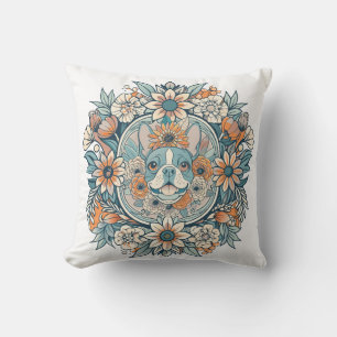Cojín Decorativo lindo—cabeza feliz-boston-terrier-perro-con flores