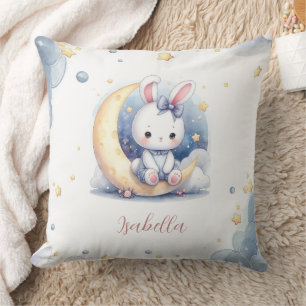 Cojín Decorativo lindo conejo blanco pequeño sentado en la luna