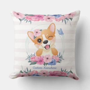 Cojín Decorativo Lindo Corgi Perro Corona de Flores Mariposa Azul P