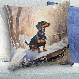 Cojín Decorativo Lindo Dachshund Invierno Nieve Acuarela Raza de Pe