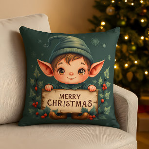 Cojín Decorativo Lindo duende de Navidad sosteniendo un letrero ale