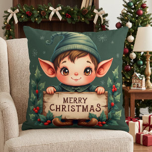 Cojín Decorativo Lindo duende de Navidad sosteniendo un letrero ale