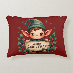 Cojín Decorativo Lindo Elfo de Navidad Sosteniendo Letrero Alegre R