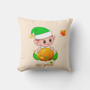 Cojín Decorativo Lindo elfo y calabaza sobre beige claro
