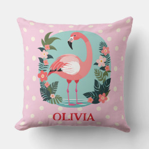 Cojín Decorativo Lindo flamenco rosa floral de dibujos animados con
