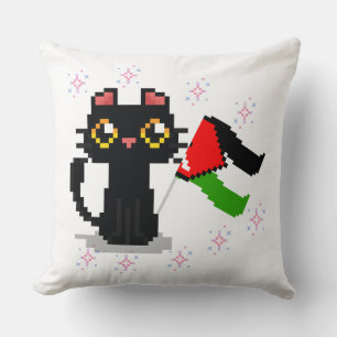 Cojín Decorativo lindo gato negro sostiene bandera palestina