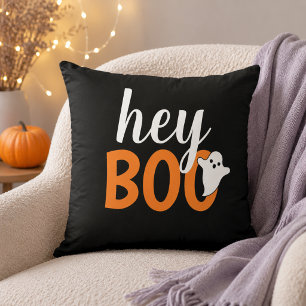Cojín Decorativo Lindo Hey Boo Fantasma Negro y Naranja