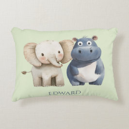 Cojín Decorativo Lindo Hipopótamo y Elefante de Safari Azul 