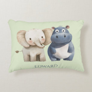 Cojín Decorativo Lindo Hipopótamo y Elefante de Safari Azul 