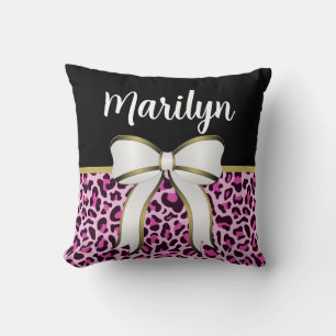Cojín Decorativo Lindo lazo de niña con estampado de leopardo rosa 