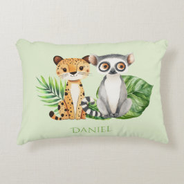 Cojín Decorativo Lindo leopardo y mono de safari verde para niños