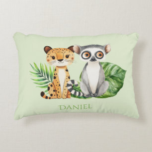 Cojín Decorativo Lindo leopardo y mono de safari verde para niños
