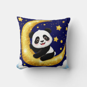 Cojín Decorativo Lindo Panda Sentado en una Luna Creciente Dorada