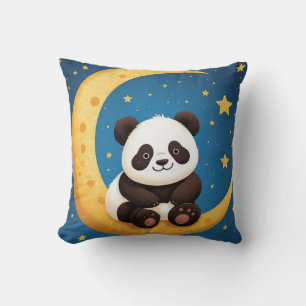 Cojín Decorativo Lindo panda sentado en una luna creciente dorada