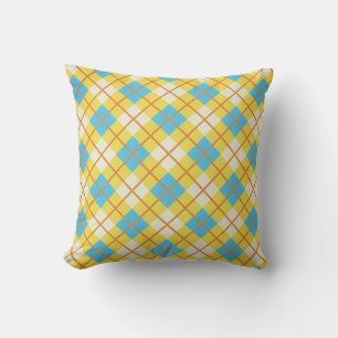 Cojín Decorativo Lindo patrón argyle amarillo soleado y azul