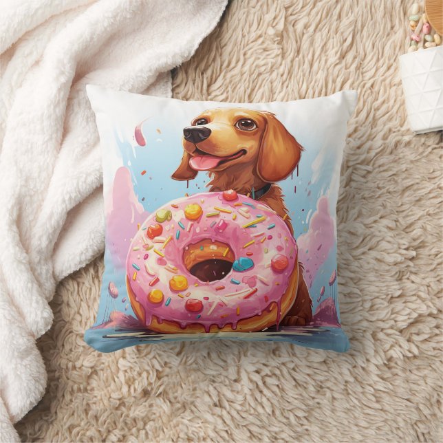 Cojín Decorativo lindo perro dachshund con donut (Manta)