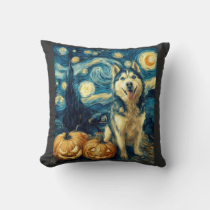 Cojín Decorativo Lindo perro Husky Siberiano Halloween Jack O Lante