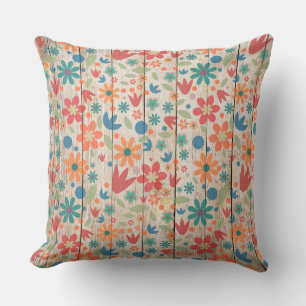 Cojín Decorativo Lindo rojo naranja azul floral sobre madera blanca