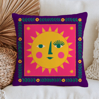 Cojín Decorativo Lindo rostro de sol bohemio celeste rosa y púrpura