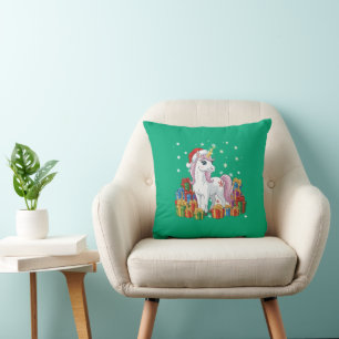 Cojín Decorativo Lindo Unicornio Mágico de Navidad con Gorro de San