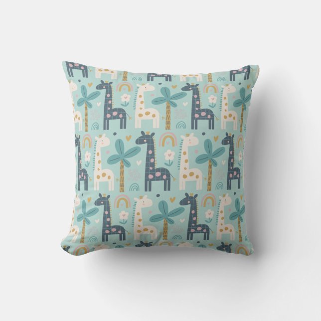 Cojín Decorativo Lindo y caprichoso patrón de jirafa en azul pastel (Anverso)