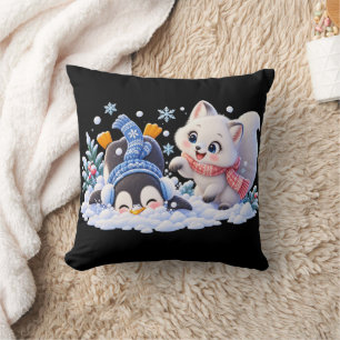 Cojín Decorativo Lindo zorro ártico y pingüino de invierno jugando