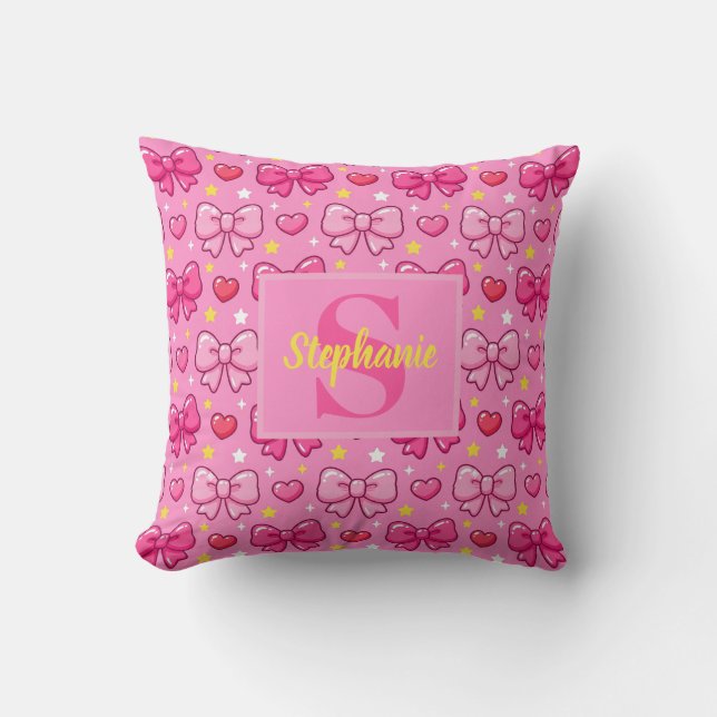 Cojín Decorativo Lindos lazos rosados Kawaii de monograma personali (Anverso)