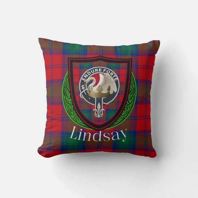 Cojín Decorativo Lindsay Scottish Clan Tartan & Escudo (Anverso)