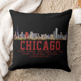 Cojín Decorativo Línea aérea de Chicago. Nombres y coordenadas de á