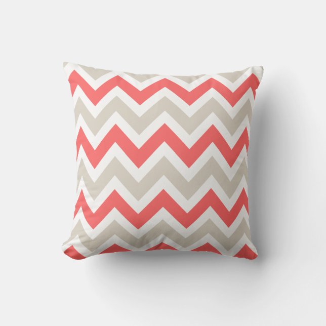 Cojín Decorativo Linen Beige y Coral Chevron (Anverso)
