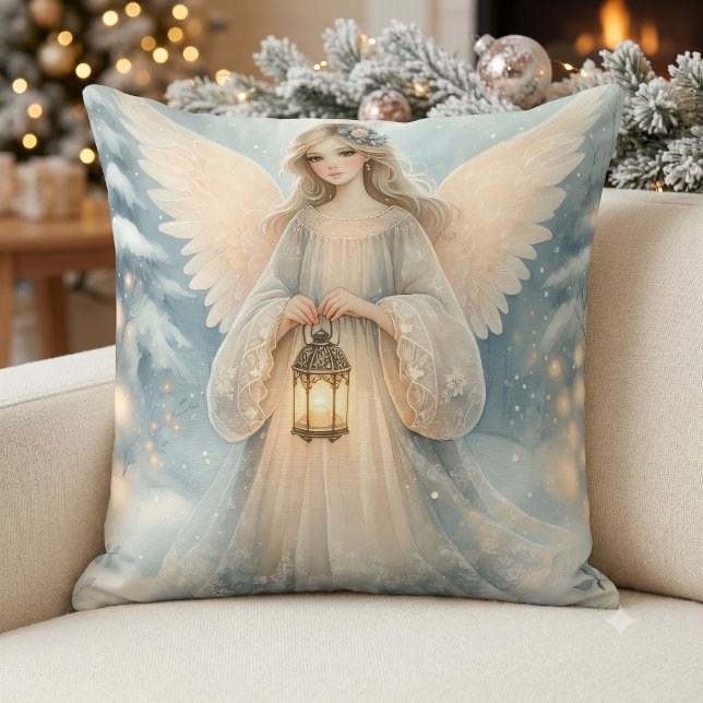 Cojín Decorativo Linterna angelical celestial de invierno de gracia (Celestial Winter Angel Lantern of Grace Throw Pillow)