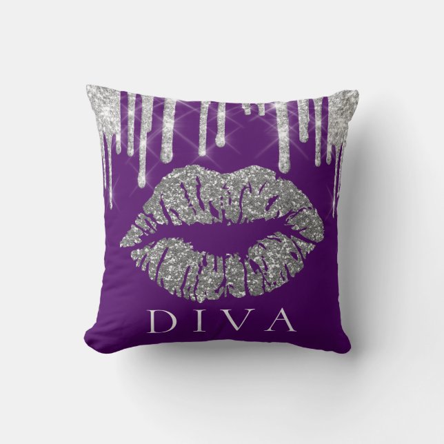 Cojín Decorativo Lipas de beso gris plateado Purpurina Diva morada (Anverso)