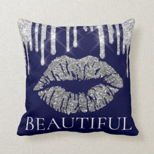 Cojín Decorativo Lips de beso gris plateado goteo Purpurina nombre 