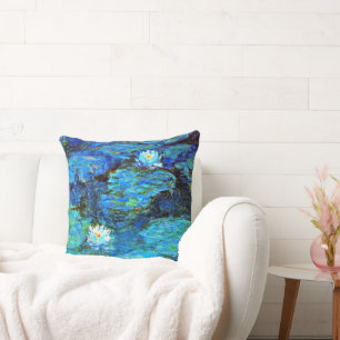 Cojín Decorativo Lirios de agua azules, pintura de arte fino