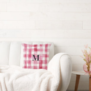 Cojín Decorativo Liso de Cuadros Rosa Niña Monograma Blanco 