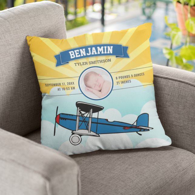 Cojín Decorativo Little Pilot Blue Airplane Baby Photo Stats (Subido por el creador)