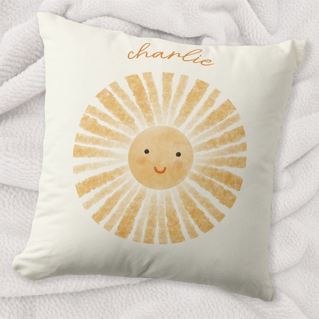 Cojín Decorativo Little Sunshine Personalized (Happy little watercolor sunshine personalized custom name throw pillow, ideal for nursery decor)