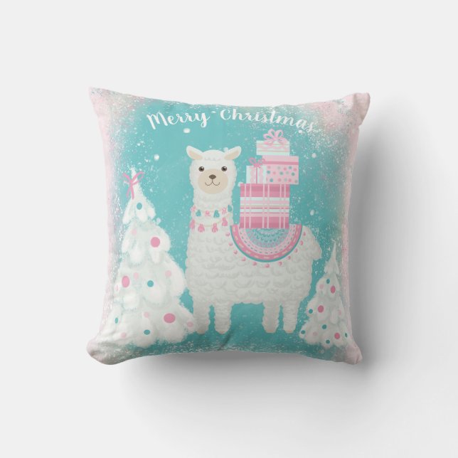 Cojín Decorativo Llama cuta con regalos de Navidades (Anverso)