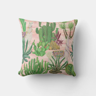 Cojín Decorativo Llamas acuarelas y patrones de cactus.