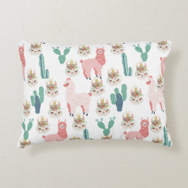 Cojín Decorativo Llamas rosadas lindas y cactus verdes