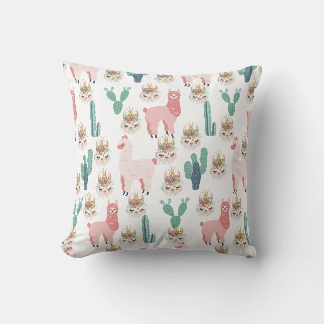 Cojín Decorativo Llamas rosadas y cactus verdes (Anverso)