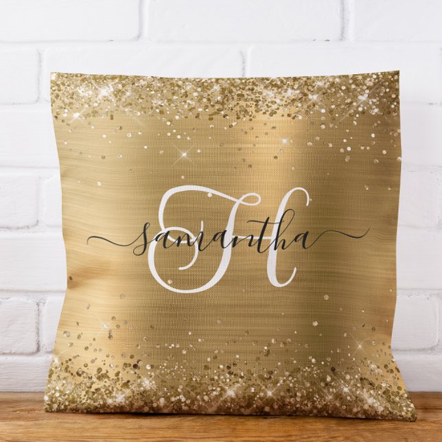 Cojín Decorativo Llamativo Monograma Dorado Glam Brillante (Glittery Gold Glam Monogrammed Throw Pillow)