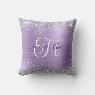 Cojín Decorativo Llamativo Monograma Plateado y Morado Claro Person