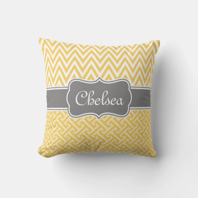 Cojín Decorativo Llave griega amarillo Patrones de cheurón (Anverso)