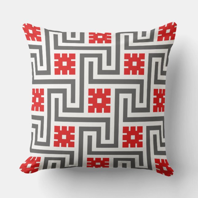 Cojín Decorativo Llave griega decorativa, rojo profundo, blanco y g (Anverso)
