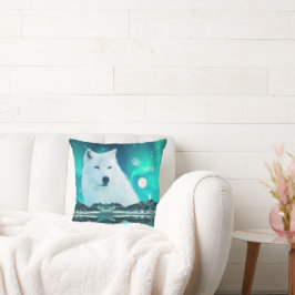 Cojín Decorativo Lobo ártico y noche mágica con luces del norte