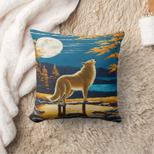 Cojín Decorativo Lobo aullando bajo una luna llena.