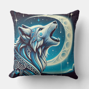Cojín Decorativo Lobo bajo la luna creciente de noche