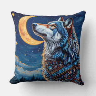 Cojín Decorativo Lobo bajo la luna creciente de noche